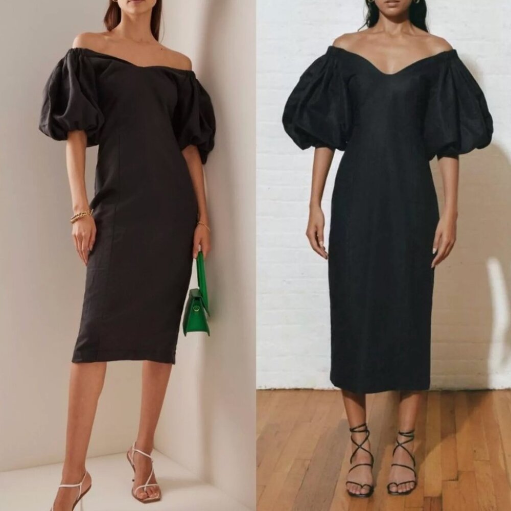Mara Hoffman Black Namari Puff Sleeve Linen Cotton Off the Shoulder Midi 00